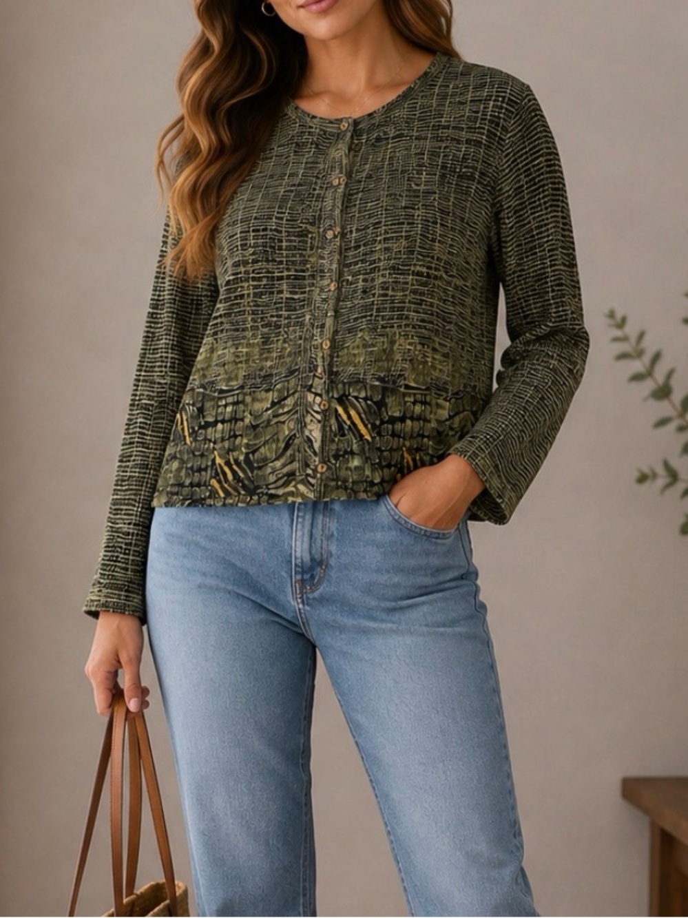 RAFAEL Olive Green Textured Button-Front Women's Top